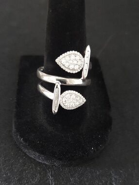 Sterling Silver Open Teardrop Ring with White Pavé Accents
